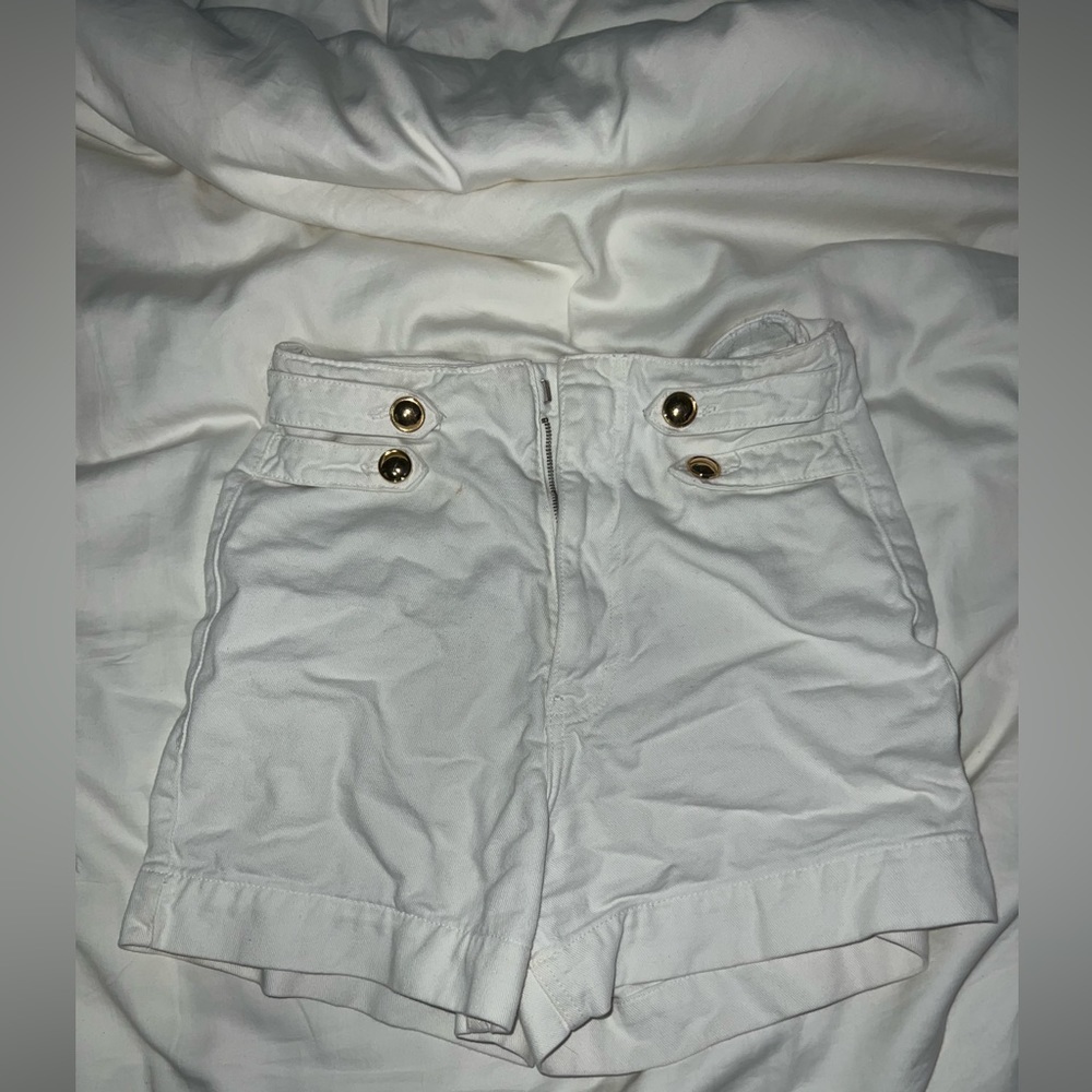 Zara White Denim Shorts W/ Gold Buttons and Zipper- SIZE USA 4/ EUR 36